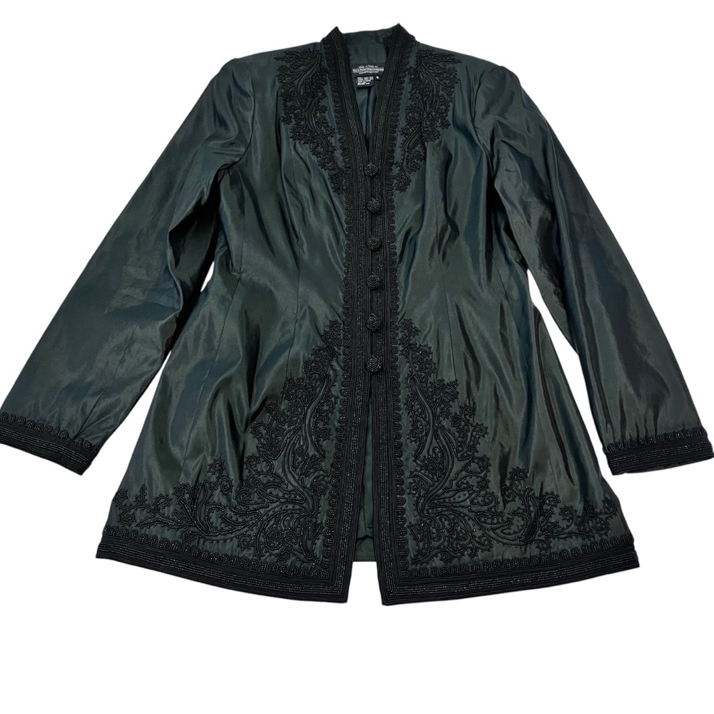 Vintage J. Peterman Green Silk‎ Beaded Jacket Top Size 8 Embellished